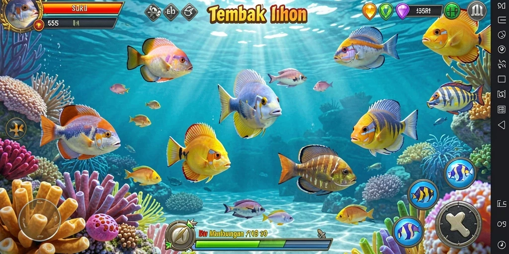 Tangkapan layar utama 55RT menampilkan aksi menembak ikan yang seru.
