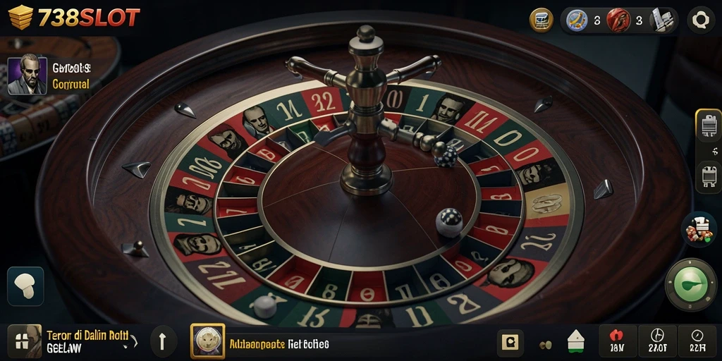 Tampilan gameplay menakutkan dalam 738SLOT di kasino gelap.
