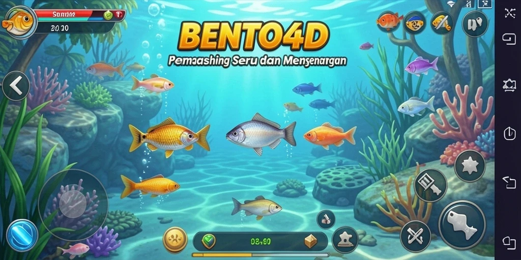 Tampilan gameplay seru BENTO4D saat memancing di laut.