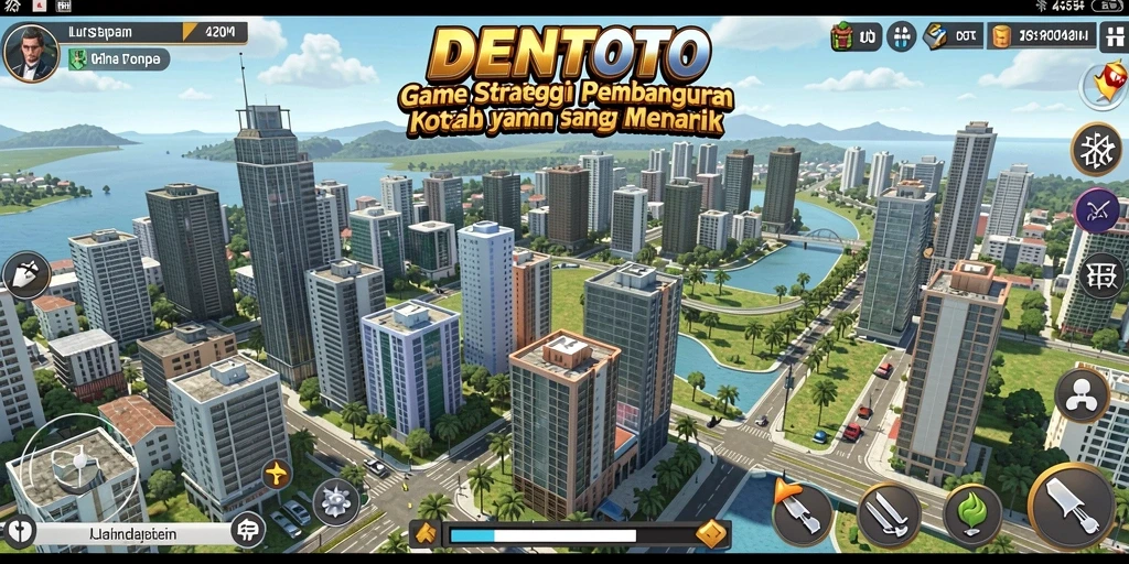 Screenshot gameplay DENTOTO yang menunjukkan bangunan kota yang megah.
