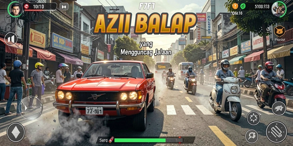 Screenshot gameplay F7F7 menampilkan aksi balapan yang mendebarkan.