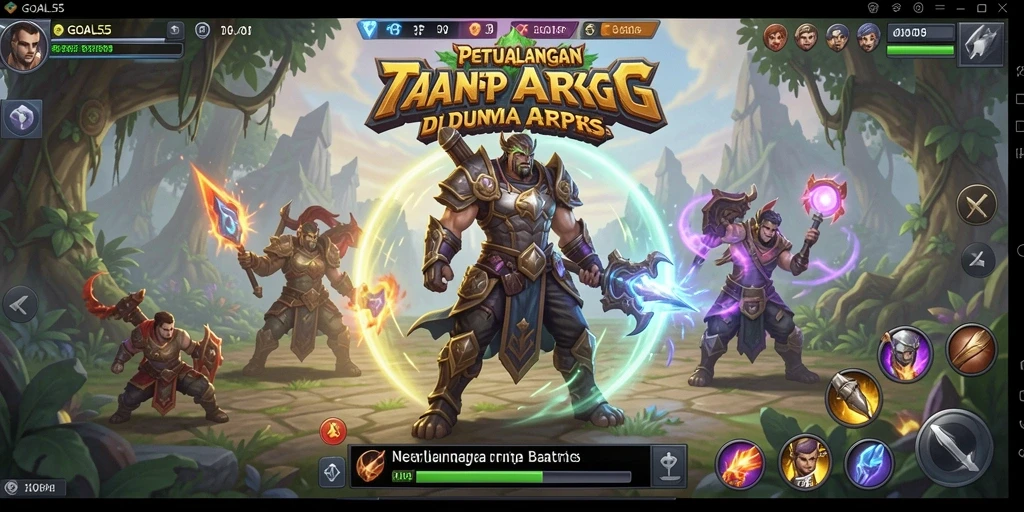 Screenshot gameplay GOAL55 menunjukkan pertempuran epik di dunia fantasi.