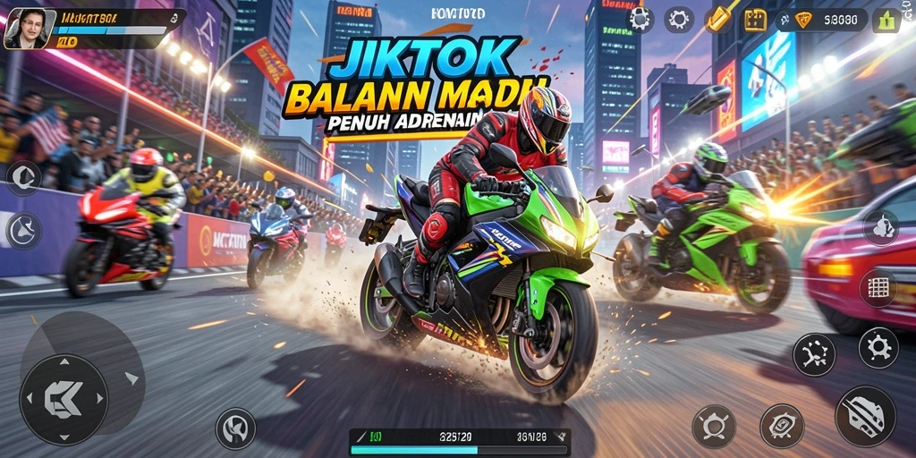 Screenshot gameplay JKTOK menampilkan aksi balapan motor yang mendebarkan.