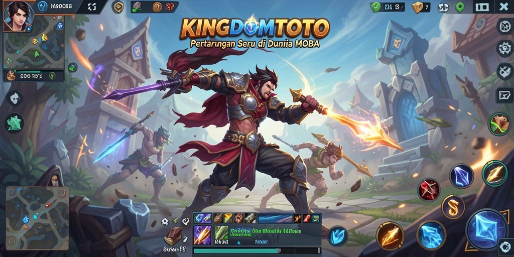 Screenshot KINGDOMTOTO menampilkan pertarungan epik dalam gameplay MOBA.