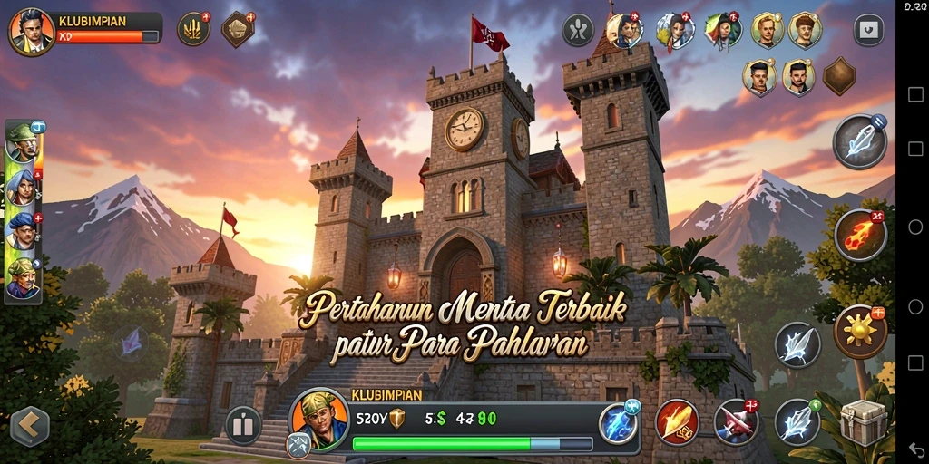 Tangkapan layar menampilkan pengalaman menyerukan dalam KLUBIMPIAN dengan strategi Tower Defense.