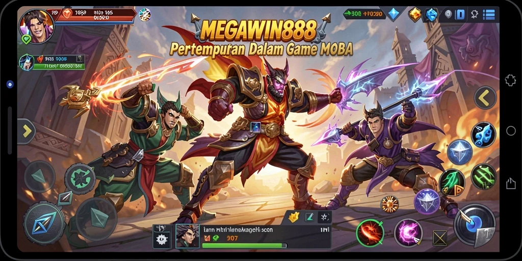 Tampak utama gameplay MOBA yang seru dan menyenangkan.