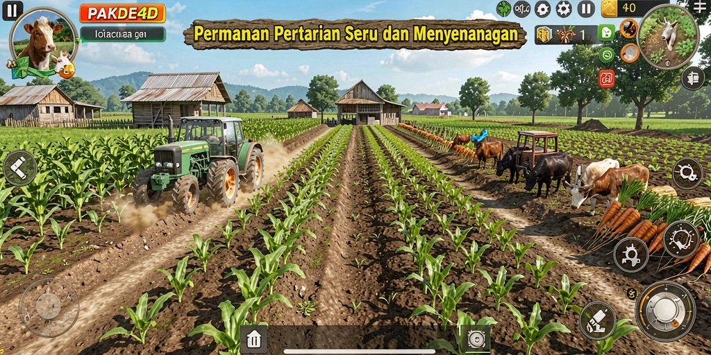 Screenshot utama PAKDE4D menampilkan gameplay pertanian yang dinamis dan interaktif.