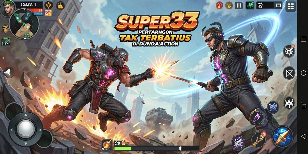 Tampilan gameplay SUPER33 yang menegangkan dan penuh aksi.